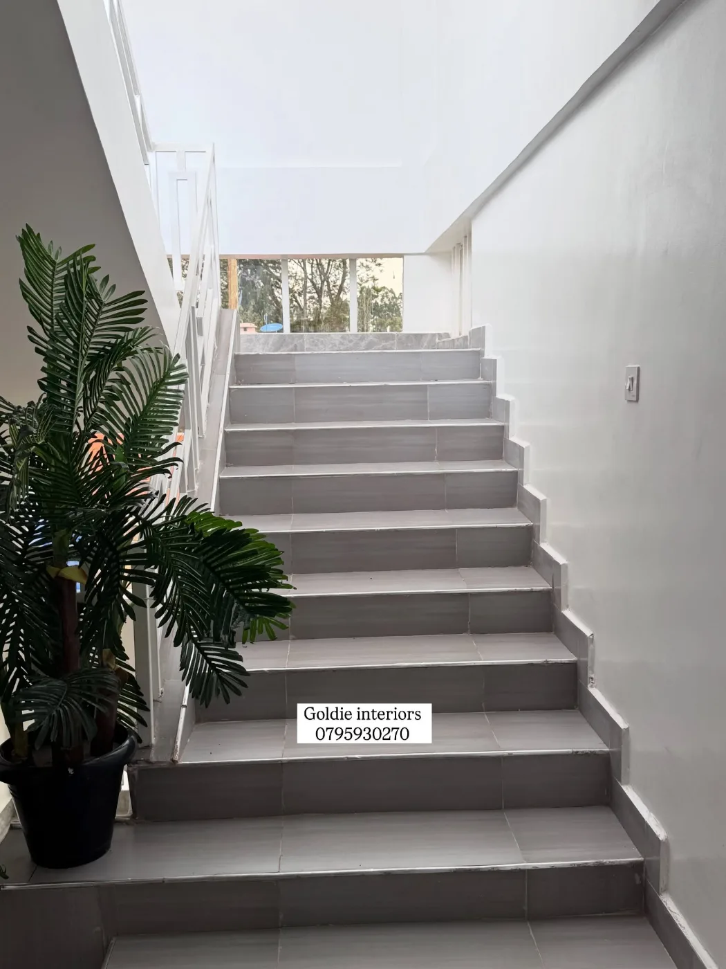 Staircase with grey tiled steps, a white balustrade and a potted palm beside a white wall